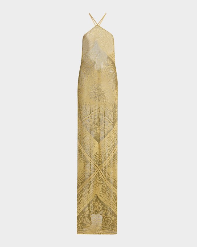 Metallic Bandana Devore Halter Gown
